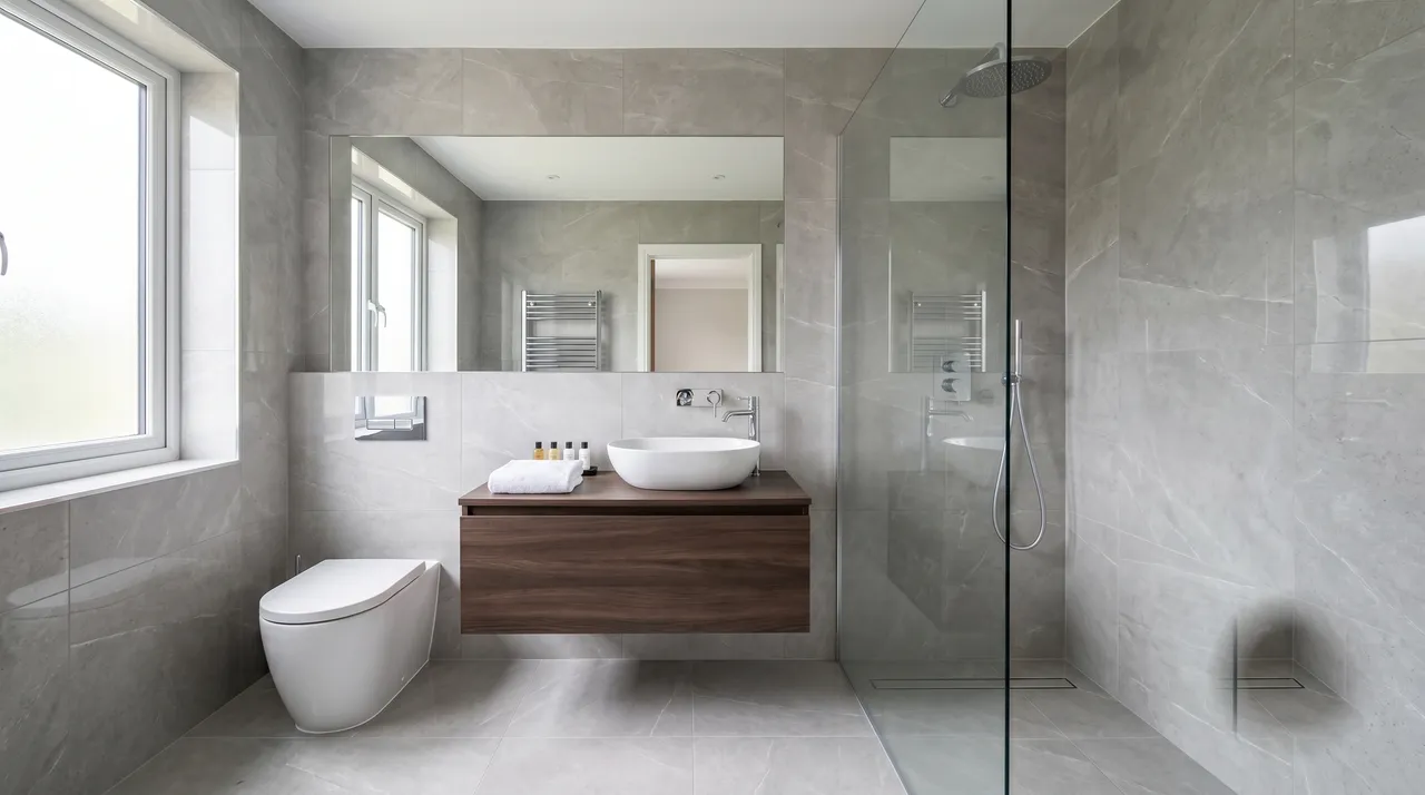A contemporary renovated bathroom with a walk-in shower and tiling