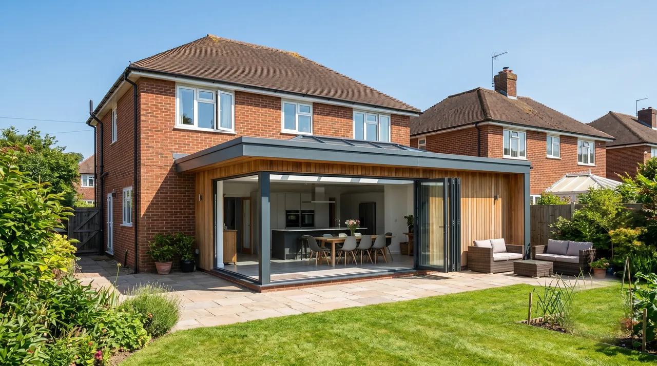 A modern single-storey rear home extension with bi-fold doors