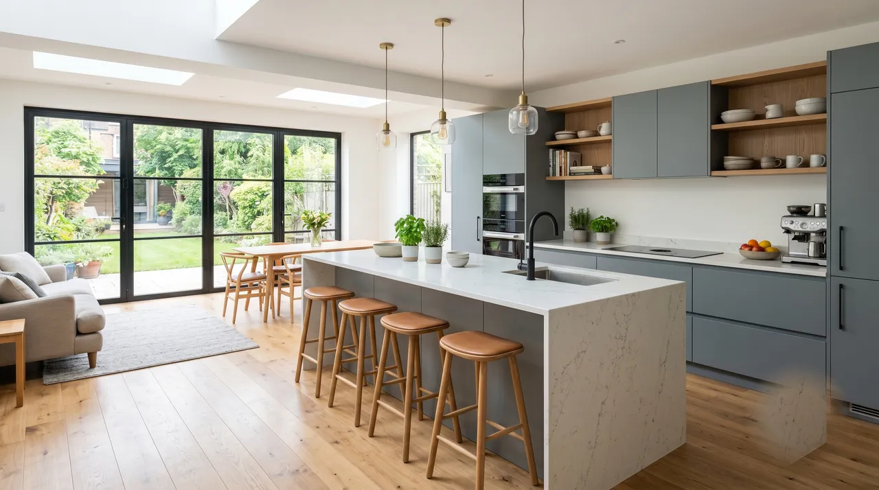 A newly renovated open-plan kitchen with modern units and a stone worktop